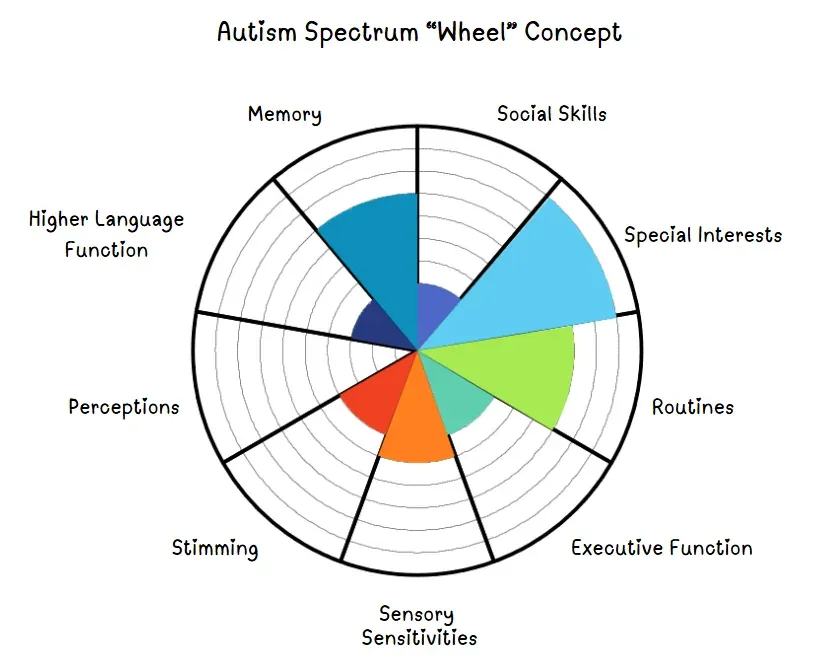 A wheel diagram of the autism spectrum, with segments for areas such as sensory processing, communication, executive function and emotional regulation, each varying in intensity