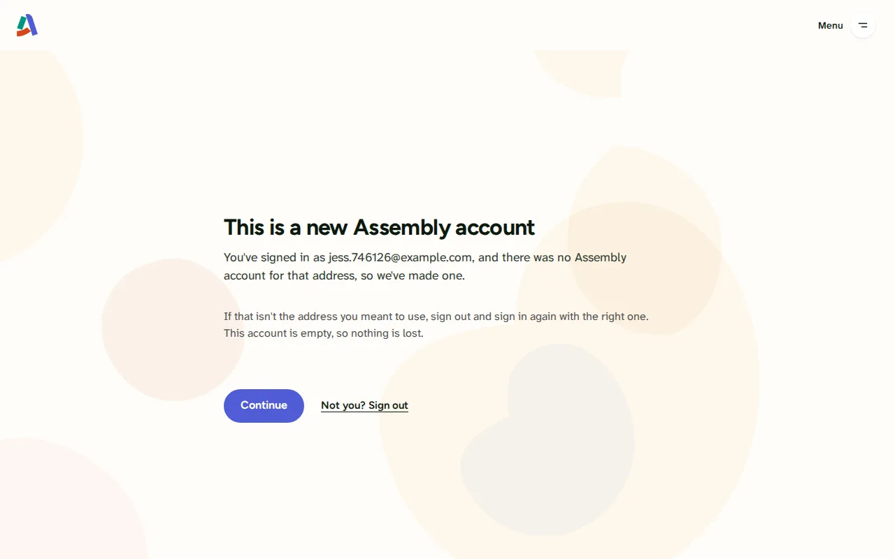 Screenshot: A new account is told it is new