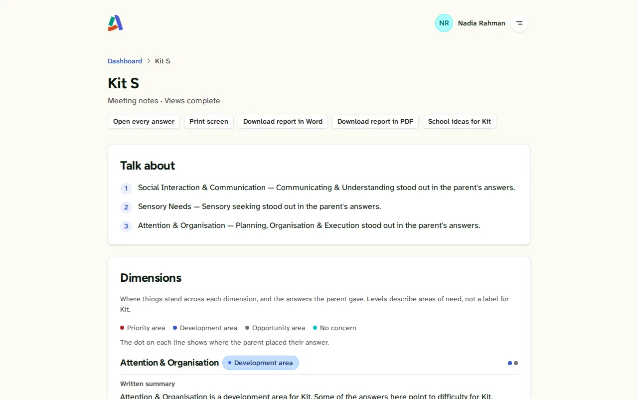 Screenshot: The meeting sheet